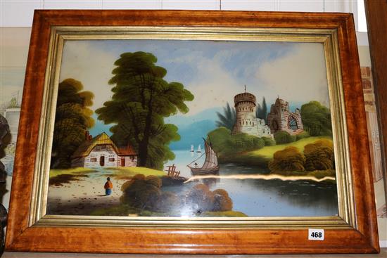 Victorian reverse painting on glass, lake scene with ruins etc, in maple frame